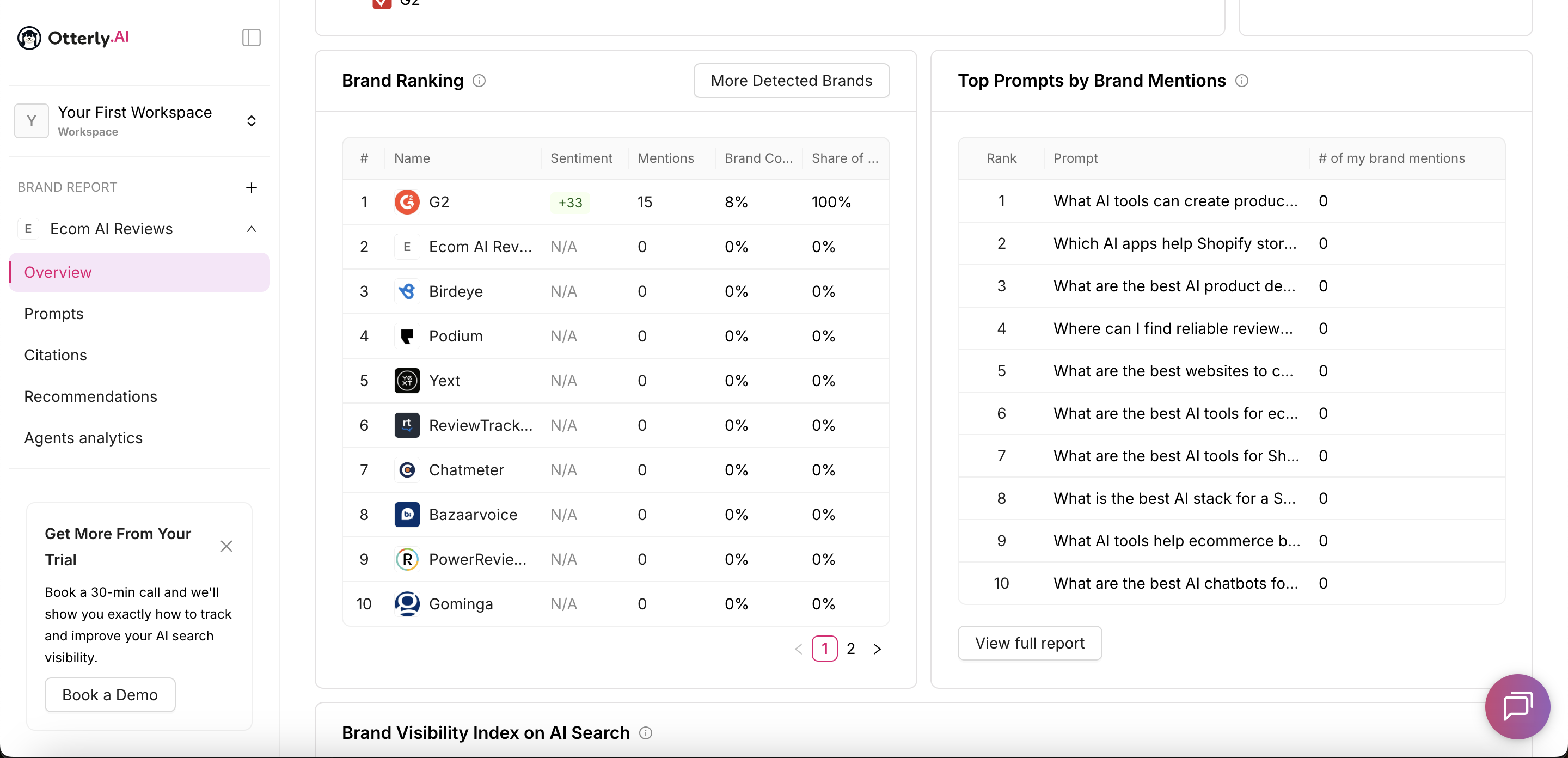 Otterly.AI Brand Report showing Brand Ranking and Top Prompts by Brand Mentions for the Ecom AI Reviews test report.