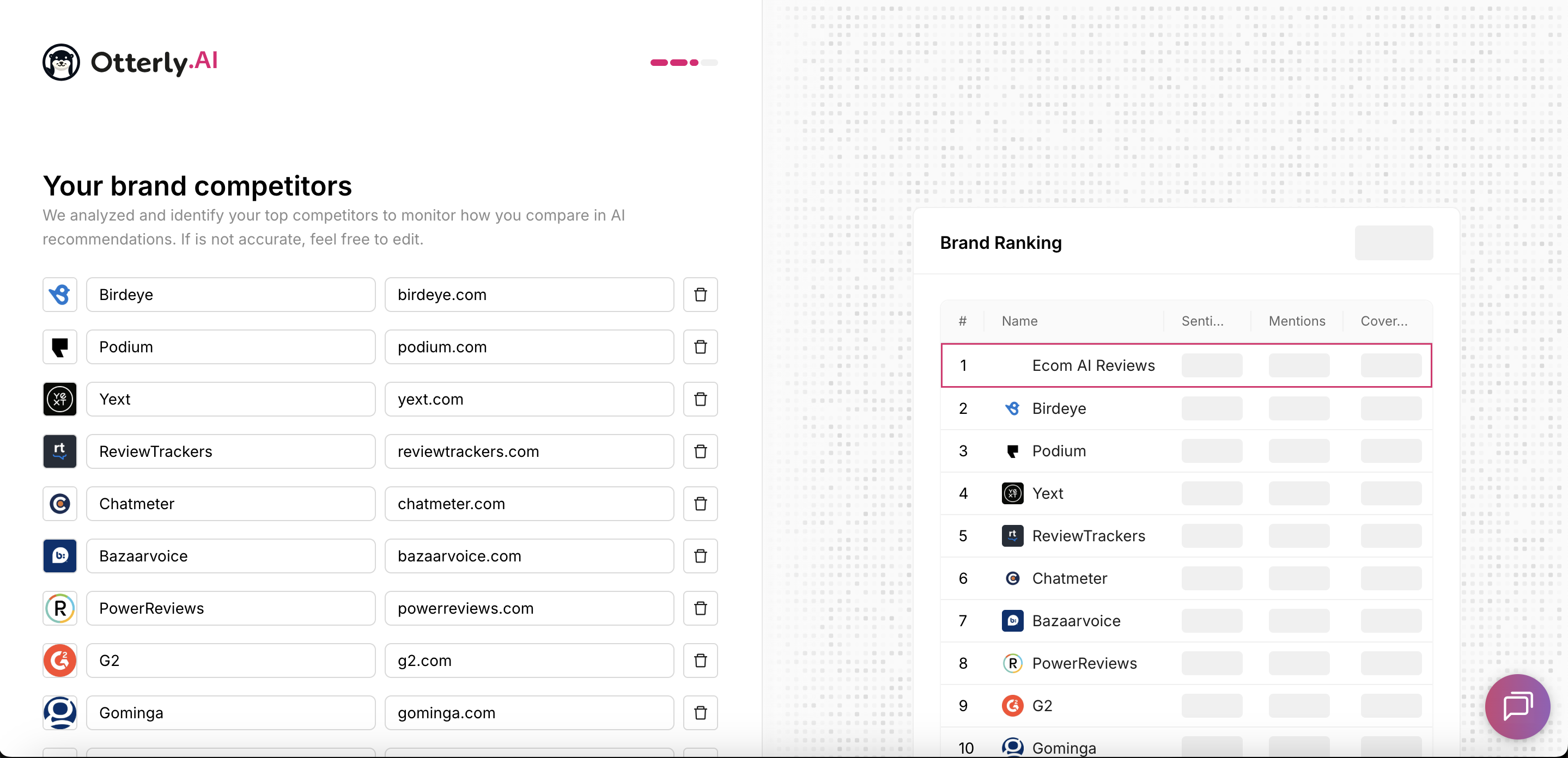 Otterly.AI onboarding screen showing suggested brand competitors and a brand ranking preview.