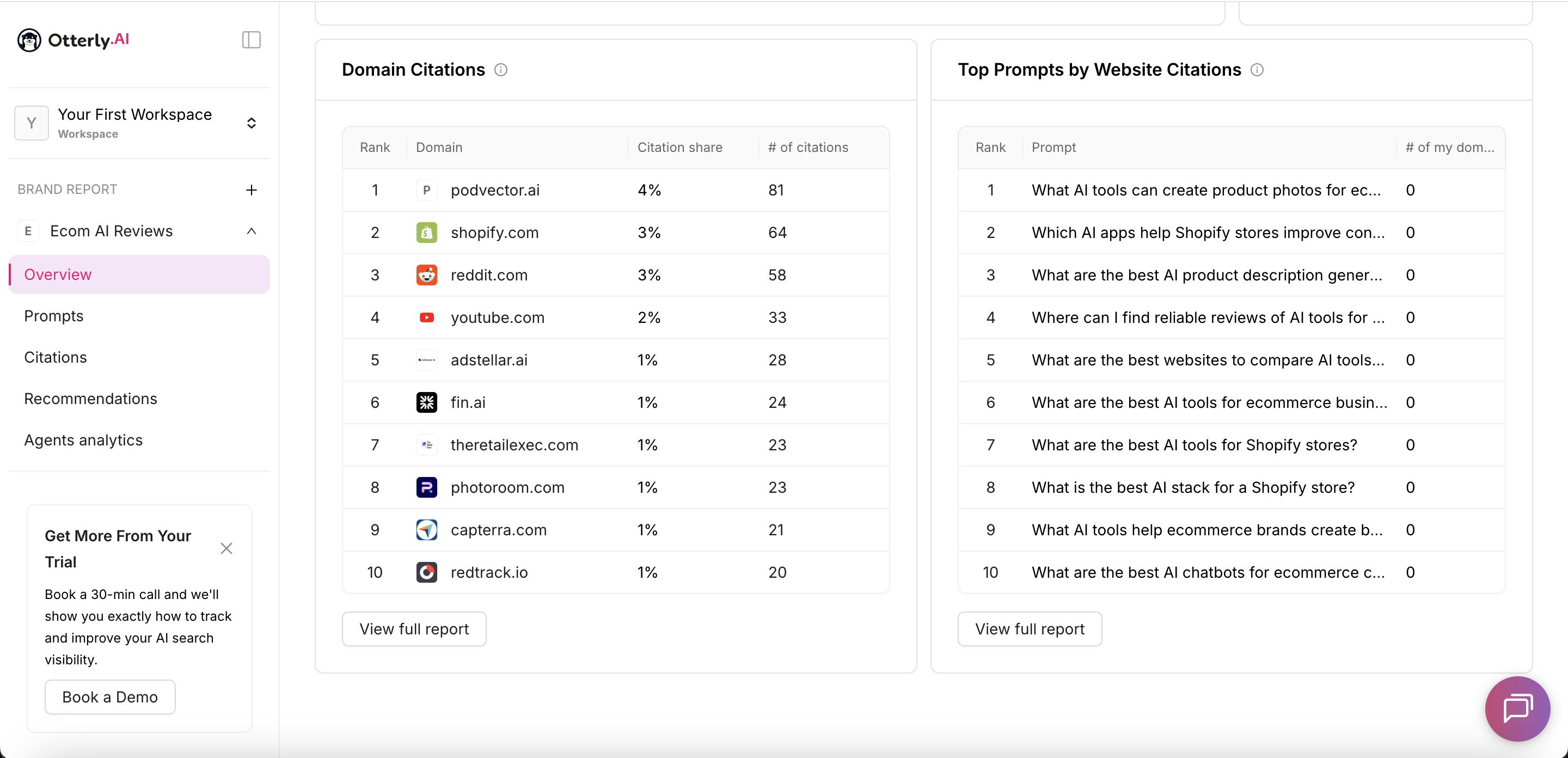 Otterly.AI Domain Citations and Top Prompts by Website Citations tables for the Ecom AI Reviews Brand Report.