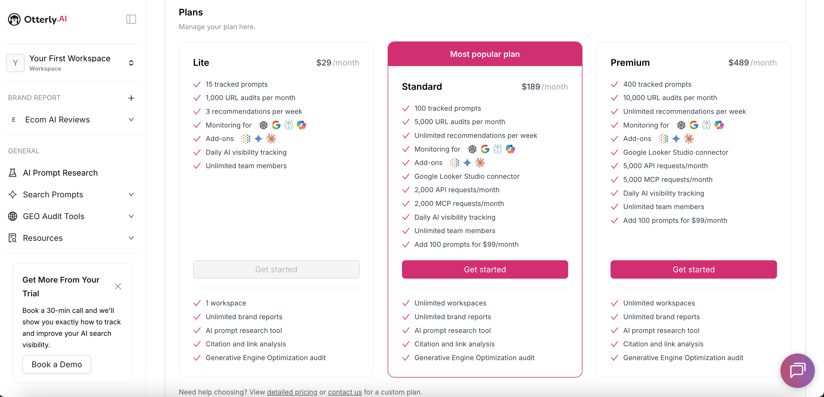 Otterly.AI in-app pricing screen showing Lite, Standard, and Premium plan details, prompt limits, URL audit limits, recommendations, API requests, MCP requests, and workspace limits.