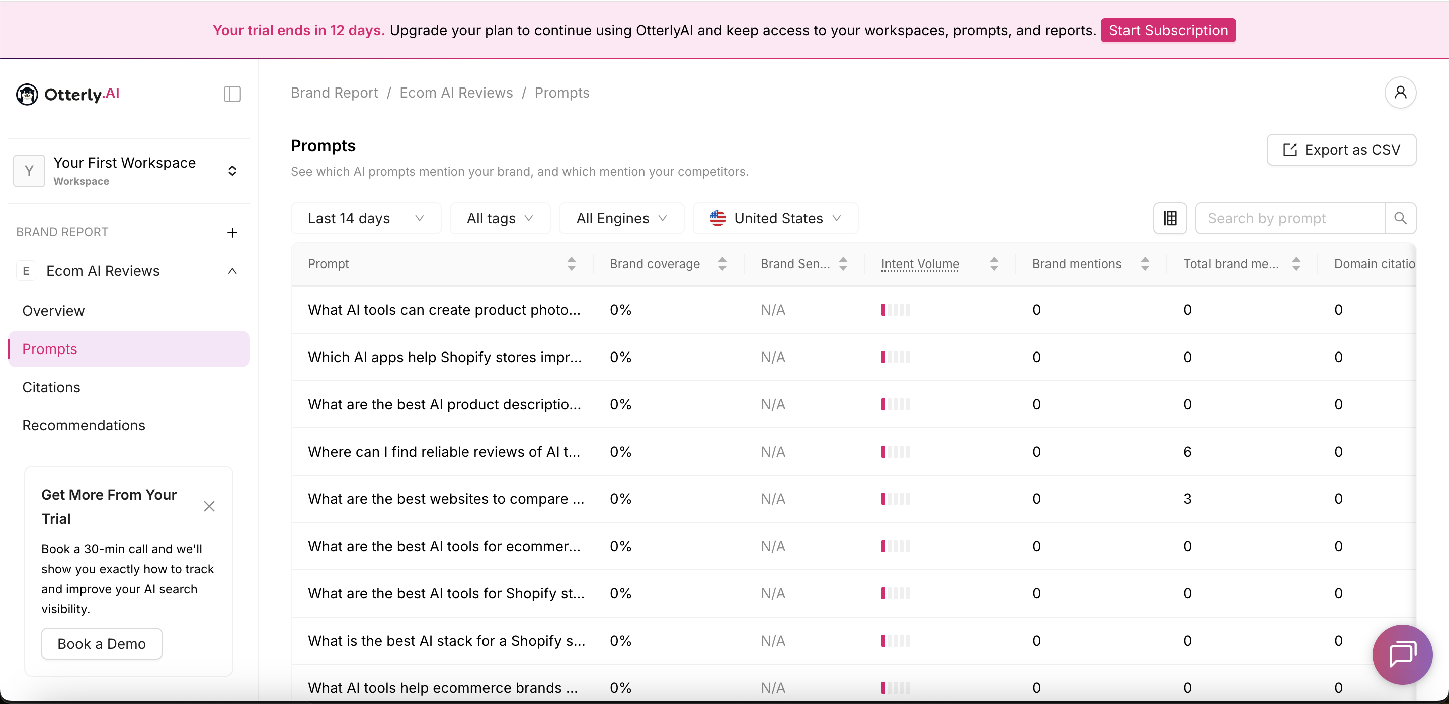 Otterly.AI prompts table showing prompt-level brand coverage, brand mentions, total brand mentions, and domain citations for Ecom AI Reviews.