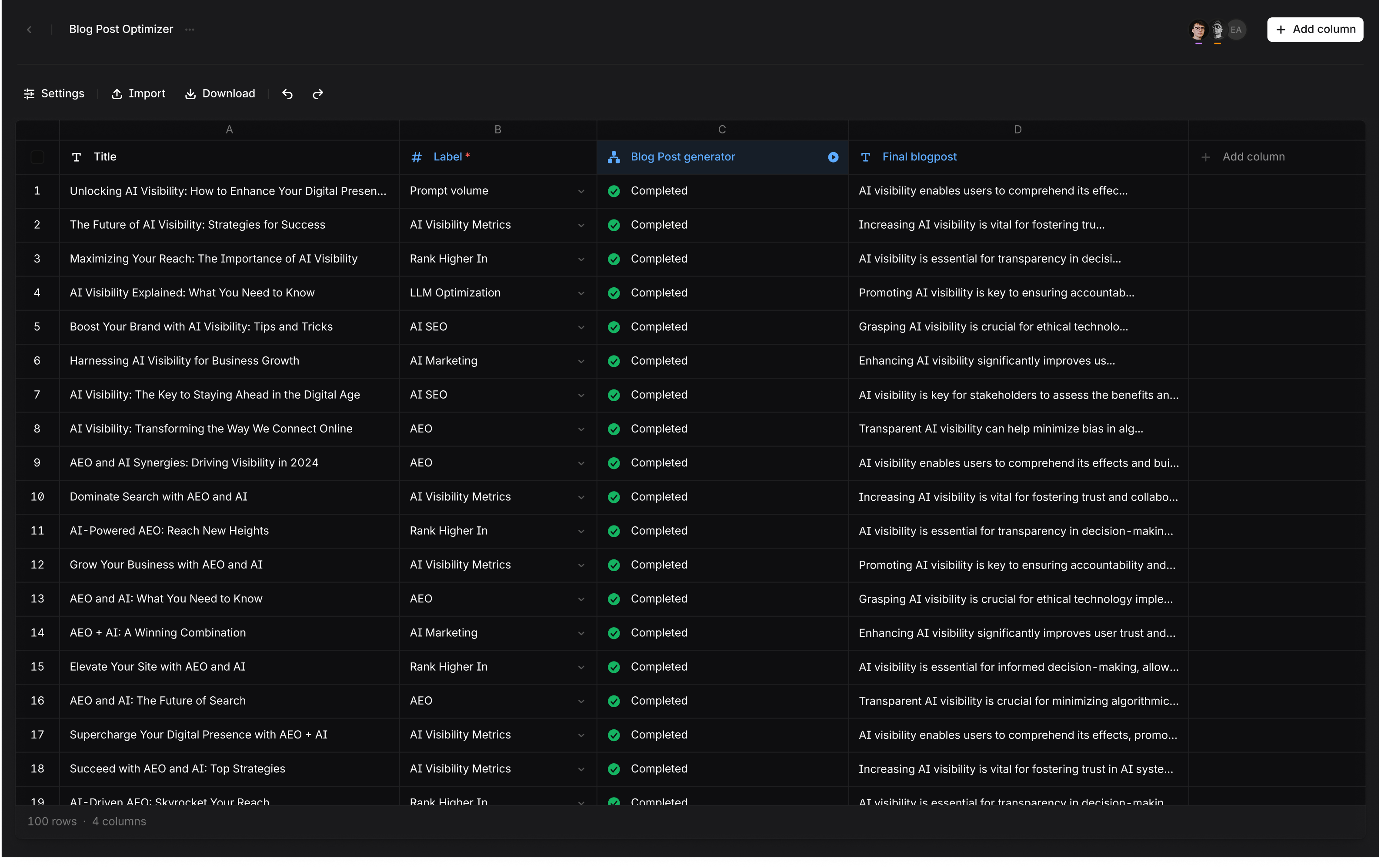 Profound's Agents Sheets interface showing a blog post optimizer workflow processing many inputs in parallel.